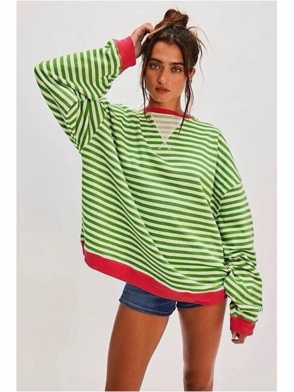 We The Free Green and White Striped Pullover with Pink Trim - Picture 1 of 5